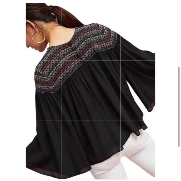 PLENTY by TRACY REESE black blouse colorful smocked neckline & flutter sleeve - Picture 10 of 10